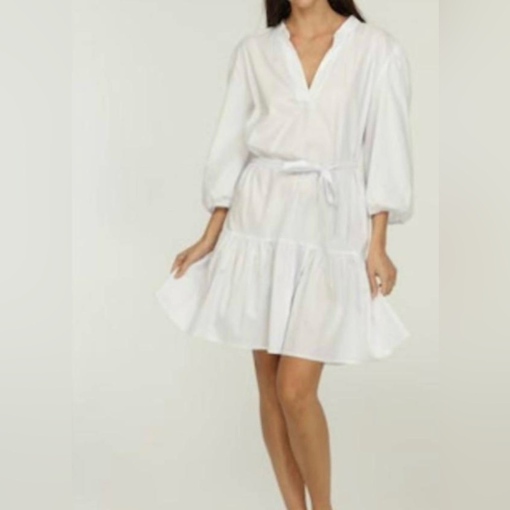 Veronica M White V-Neck Dress with Puff Sleeves